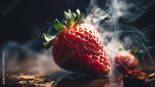 Appetizing strawberry on a blurred dark background, generative AI.