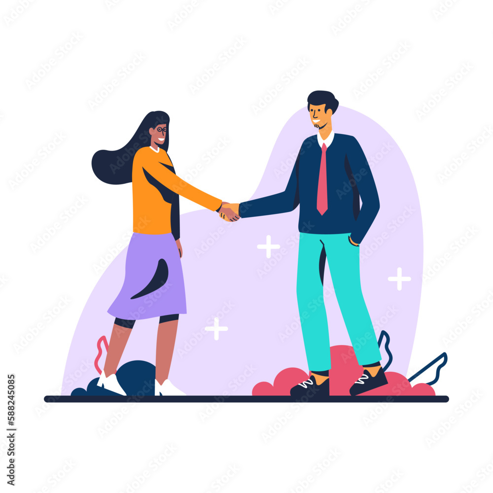 Recognition and appreciation between coworkers, deal and positive emotion. Office and business success, achievements and partnership. Guy and woman shaking hands. Vector flat illustration Recognition and appreciation between coworkers, deal and positive emotion. Office and business success, achievements and partnership. Guy and woman shaking hands. Vector flat illustration