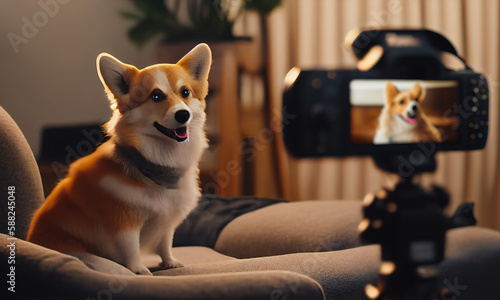 influencer dog recording a video for social networks. Generative ia