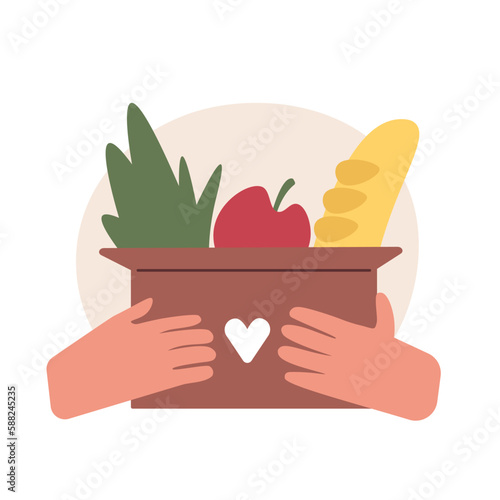 Illustration of volunteer holding box with free food as donations. Humanitarian aid service representative. Grocery for needy and poor people. Voluntary altruistic activity. Vector