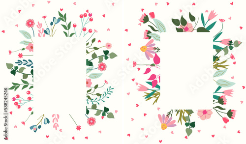 Exquisite floral frames with flowers, leaves, and heart. Botanical vector art for invitations, posters, and greeting cards. . Vector illustration