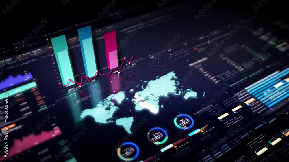Business stock market, trading, info graphic with animated graphs, charts and data numbers insight analysis to be shown on monitor display screen for business meeting mock up theme