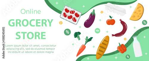 Vector online grocery store banner template. Fresh products on green background. Horizontal backdrop, flyer, brochure for sale, discount, offers.