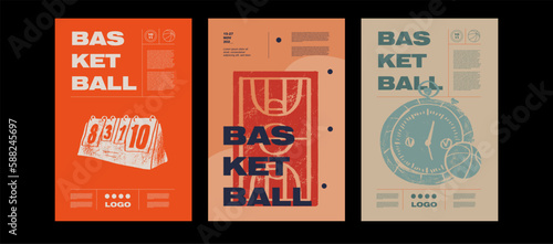 Basketball field, timer, score. Collection of basketball designs in grunge style, sketch, engraving. Hand drawing. Sports print, cover, template, sports covers, basketball hoop.