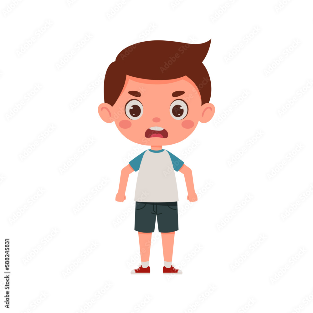 Cute cartoon little angry boy. Little schoolboy character. Vector illustration