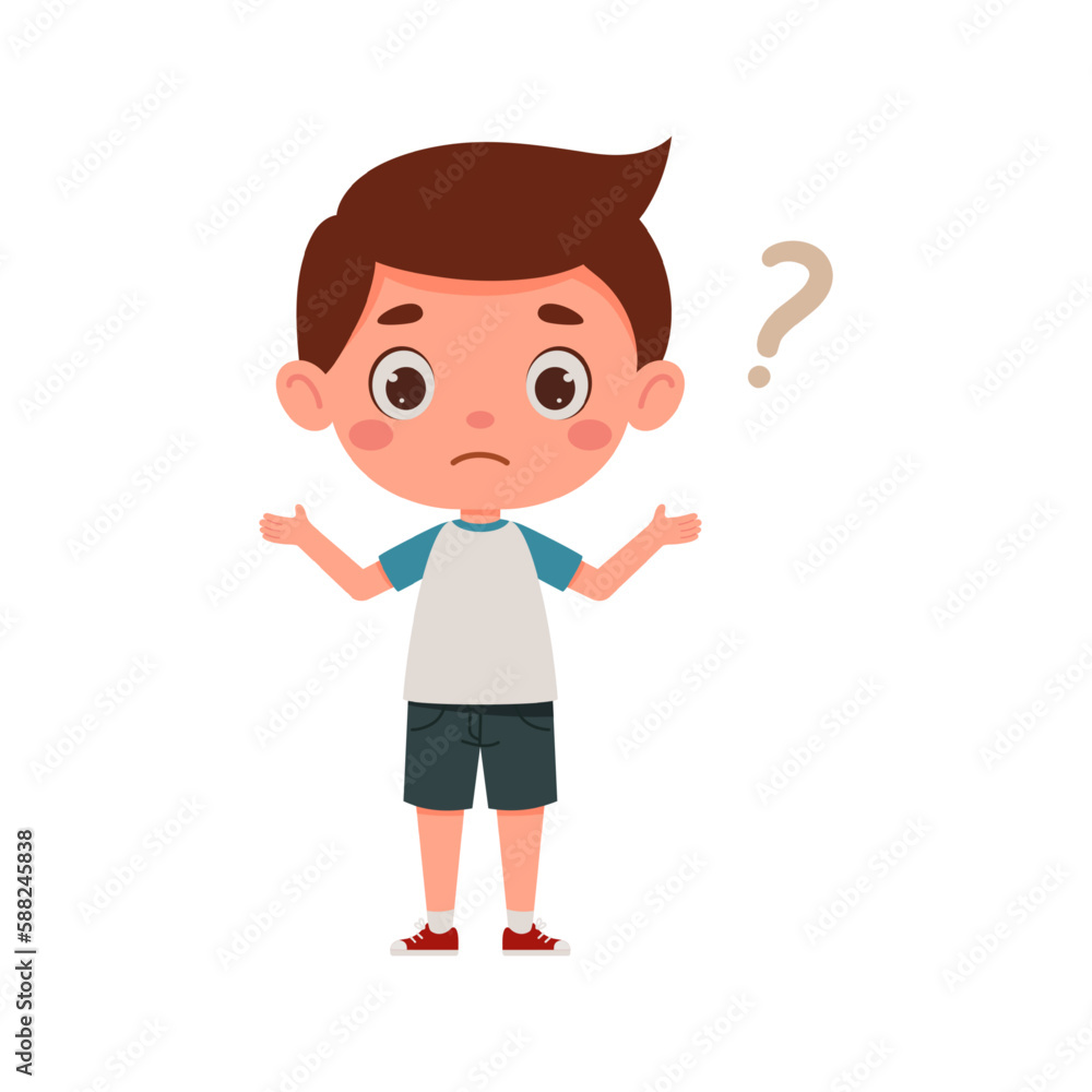 Cute little kid boy confused with question mark. Cartoon schoolboy character show facial expression. Vector illustration