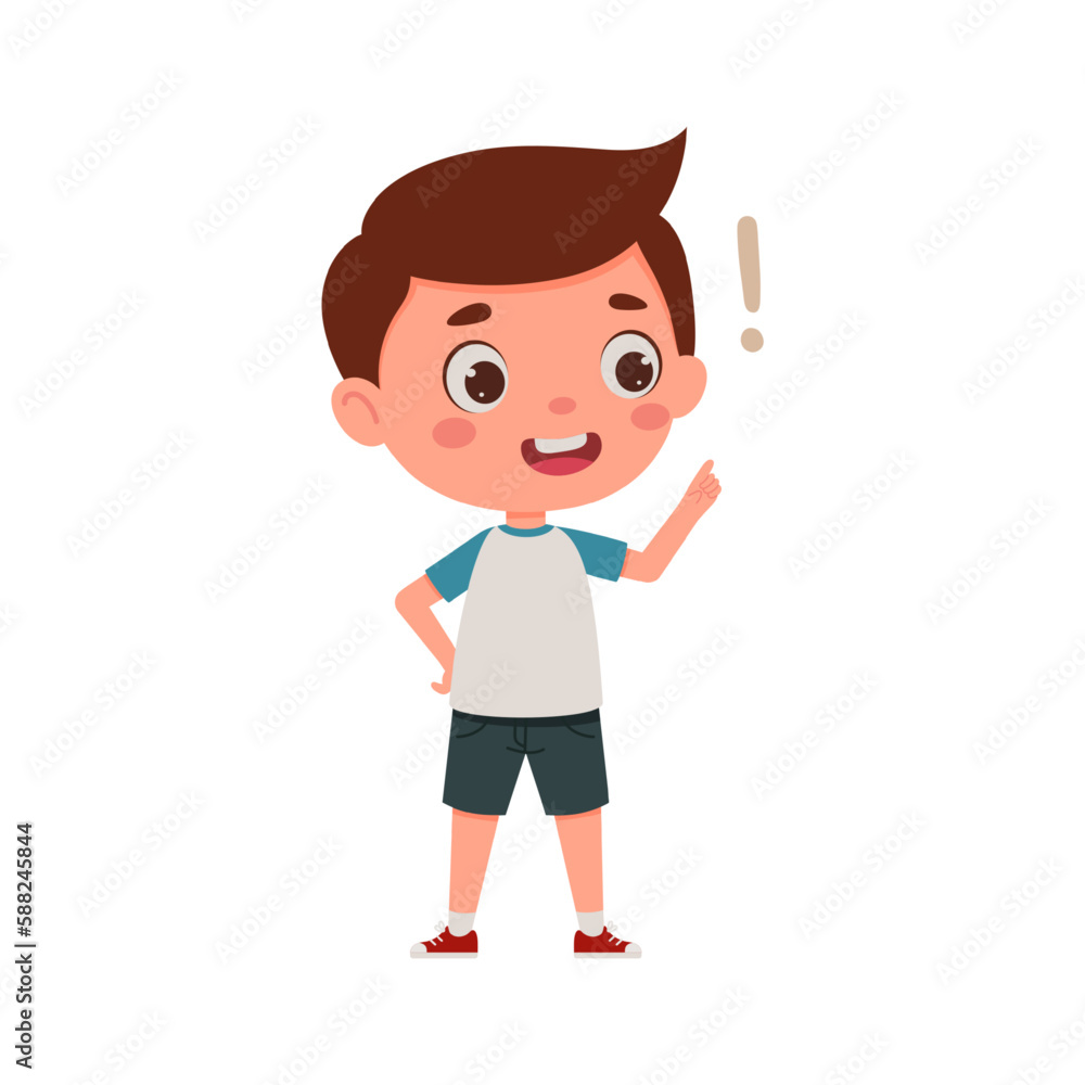 Cute little kid boy with great idea. Cartoon schoolboy character show facial expression. Vector illustration