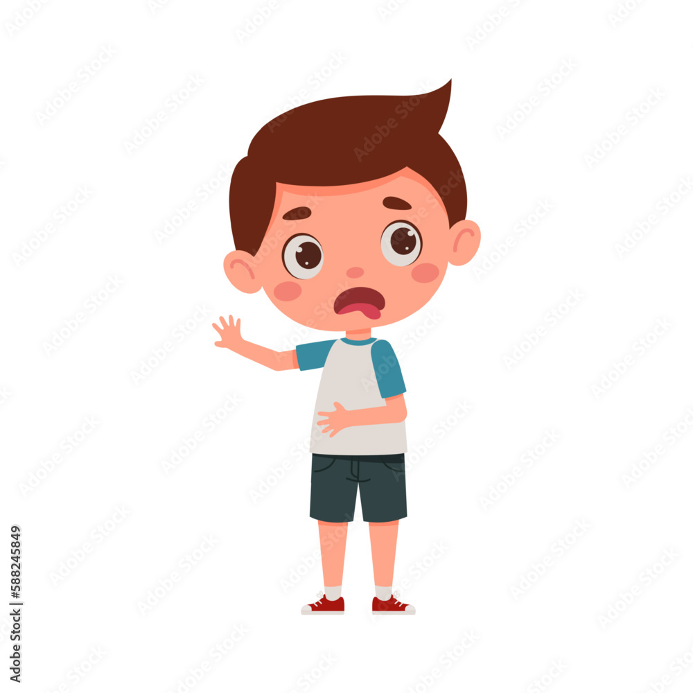 Cute little kid boy feeling disgusted. Cartoon schoolboy character show facial expression. Vector illustration