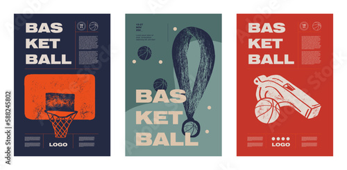 Basketball basket, medal, whistle. Collection of basketball designs in grunge style, sketch, engraving. Hand drawing. Sports print, cover, template, sports covers, basketball hoop.