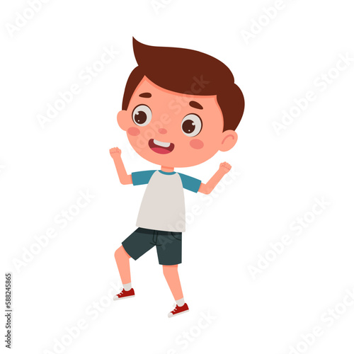 Cute little kid happy boy jump. Cartoon schoolboy character show facial expression. Vector illustration