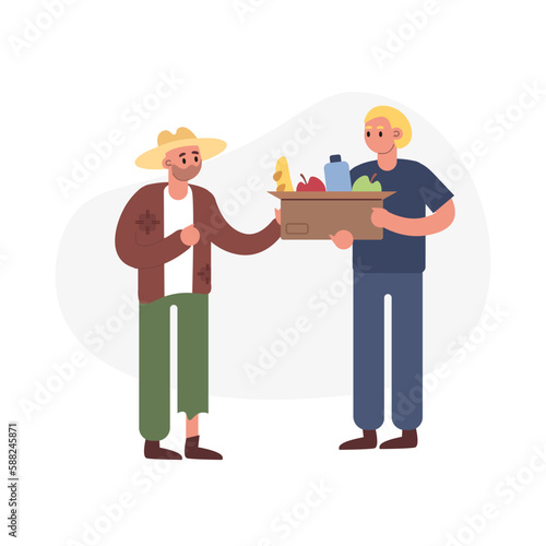 Young man from volunteering service giving free food to beggar. Humanitarian aid organization. Grocery for needy and poor people. Voluntary altruistic activity. Vector