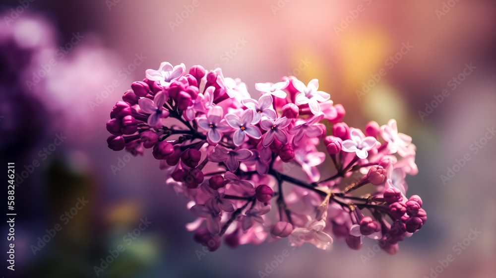 Lilac branches close-up on a blurred background, generative AI. Lilac branches close-up on a blurred background, generative AI.