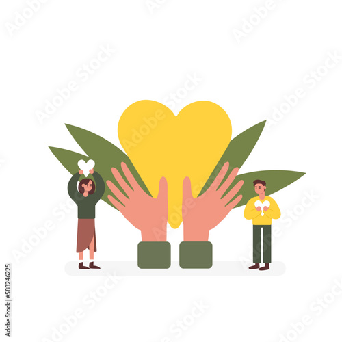 Cartoon characters of young people volunteering together. Making donations for needy people. Volunteering organization team. Goodness, mercy, hope and love. Charity and assistance. Vector