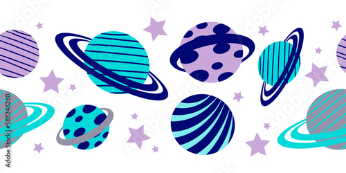 Set of colorful planets and stars on a white background. Seamless border. Cartoon vector illustration for decorative, school stationery design, textile.