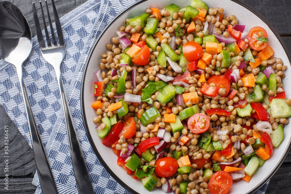 Fresh lentil salad with summer vegetables close-up in a plate on a wooden table. Horizontal top view from above Fresh lentil salad with summer vegetables close-up in a plate on a wooden table. Horizontal top view from above
