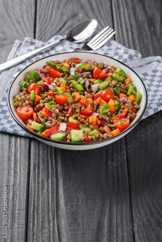 Wallpaper Mural Summer lentil salad with onions, carrots, cucumber, peppers and tomatoes close-up in a plate on a wooden table. Vertical Torontodigital.ca