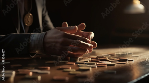 Close up of businessman hands putting coin to stack of coins on wooden table. Investment concept. Generative AI