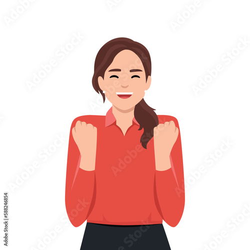 Portrait of happy beatiful wave hairstyle woman celebrating success isolated