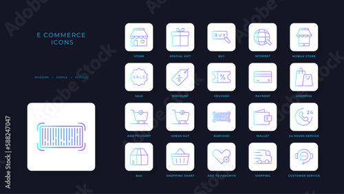 E-Commers icons collection with blue duotone style. technology, business, digital, media, shop, mobile, commerce. Vector illustration