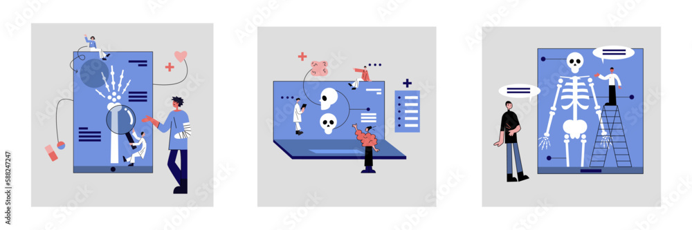 Set of professional vertebrologists consulting their patients via Internet. Making treatment of pain in back and musculoskeletal system online. Osteoarthritis diagnostics checkup. Vector Set of professional vertebrologists consulting their patients via Internet. Making treatment of pain in back and musculoskeletal system online. Osteoarthritis diagnostics checkup. Vector