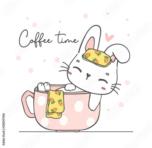 kawaii bunny in a cup cartoon illustration. Perfect for greeting cards, nursery art, and more. Delight in the whimsical charm of this cute, cuddly character.