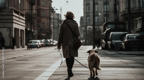 person walking with her dog on the city street Generated AI