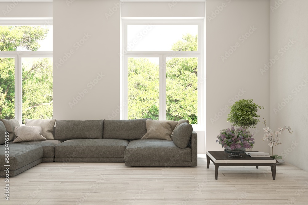White living room with sofa and summer landscape in window. Scandinavian interior design. 3D illustration White living room with sofa and summer landscape in window. Scandinavian interior design. 3D illustration