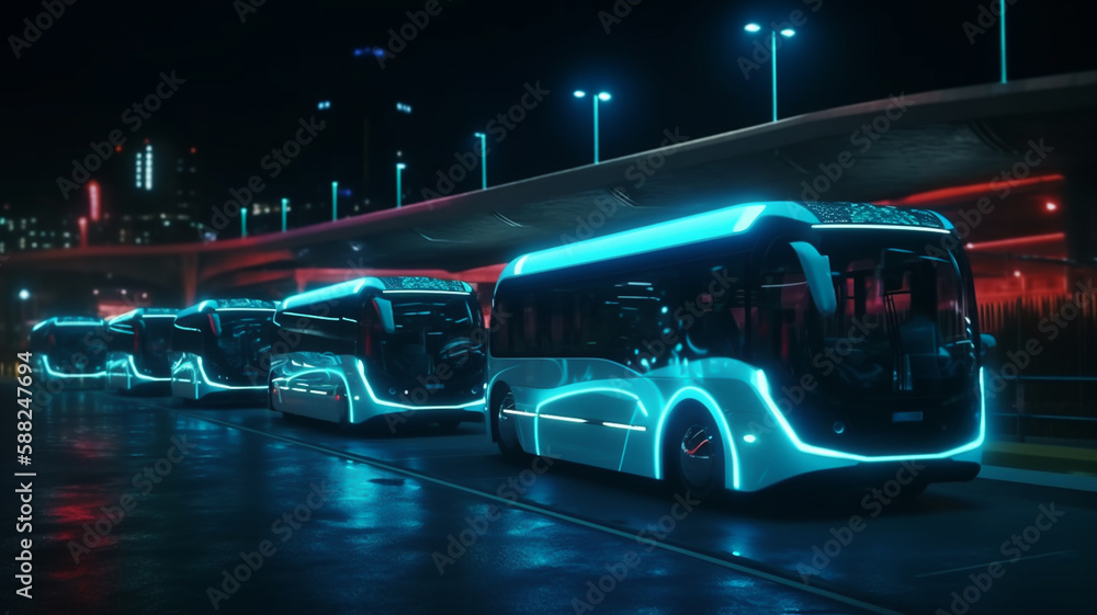 Autonomous self driving bus vehicle, for public transport. Advanced future technology powered by artificial intellingence on smart grid. Autonomous self driving bus vehicle, for public transport. Advanced future technology powered by artificial intellingence on smart grid.