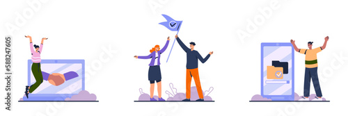 Set of cartoon characters of colleagues celebrating success at work. Path to targets achievement. Support and successful teamwork. Career goals for employees. Vector