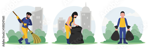 Set of different cartoon characters collecting trash and rubbish. Volunteers taking care of environment. Social charity activities in city. Gathering trash for recycling together. Vector