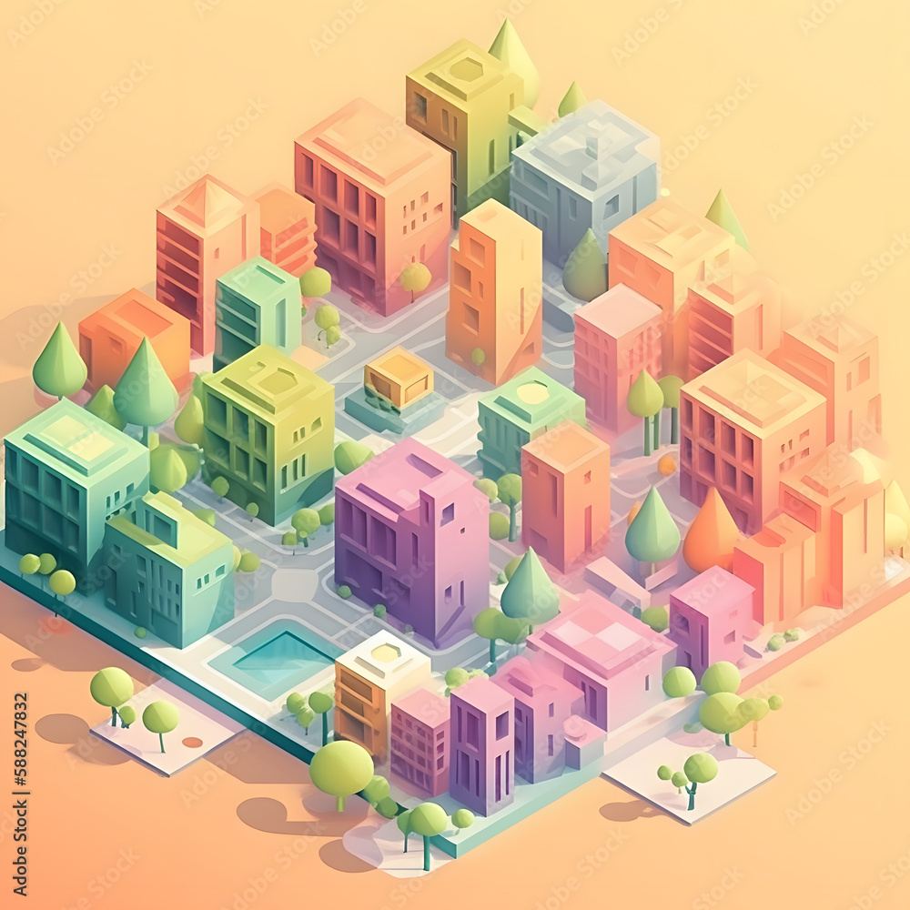 Isometric Sustainable Cityscape with Dreamy Summer Colors and Minimalist Design, Generative AI
