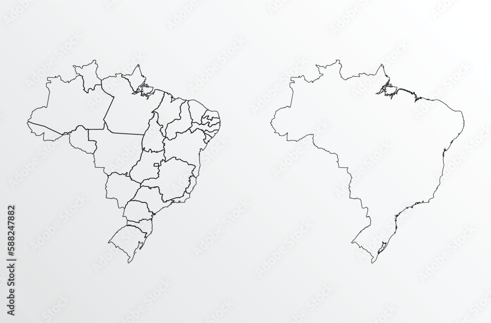 Black Outline vector Map of Brazil with regions