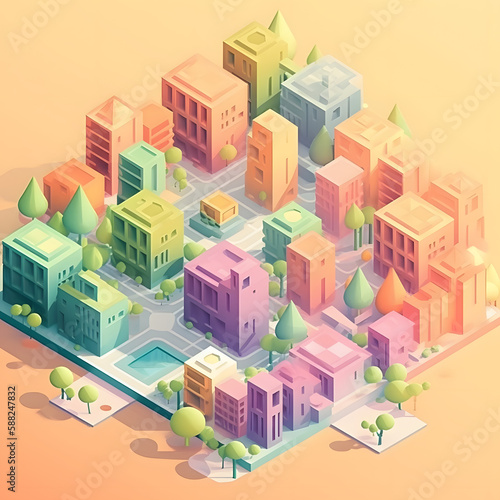 Isometric Sustainable Cityscape with Dreamy Summer Colors and Minimalist Design, Generative AI © spreephoto