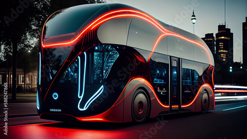 Autonomous self driving bus vehicle, for public transport. Advanced future technology powered by artificial intellingence on smart grid. photo