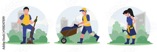 Set of cartoon characters cleaning environment litter. People taking care of environment. Social charity activities to save planet. Volunteers gathering trash for recycle. Vector