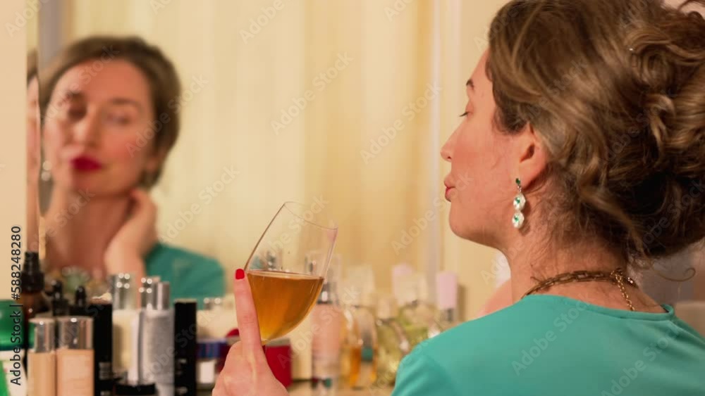Woman in green dress dancing and drinking wine at home at the mirror Woman in green dress dancing and drinking wine at home at the mirror