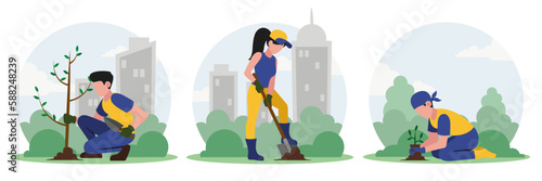 Set of different young people planting trees in city park. Process of taking care of environment. Social charity activities. Volunteers working together. Vector