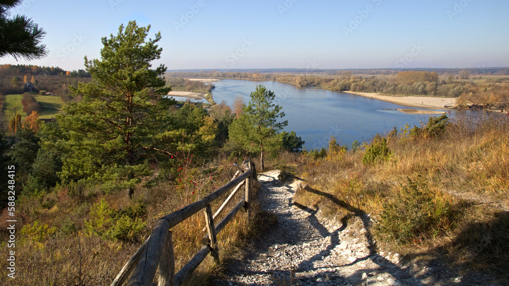 Panoramic landscape  of the river in Kazimierz Dolny Poland. Hiking trail leading through the mountains of the river valley.