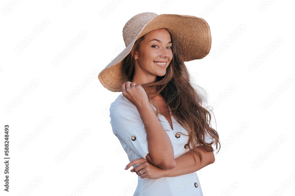 Cheerful European young woman in straw hat and white dress against transparent background enjoying vacation on seaside. Playful caucasian girl looks at camera toothy smiles. Rest, leisure activities Cheerful European young woman in straw hat and white dress against transparent background enjoying vacation on seaside. Playful caucasian girl looks at camera toothy smiles. Rest, leisure activities