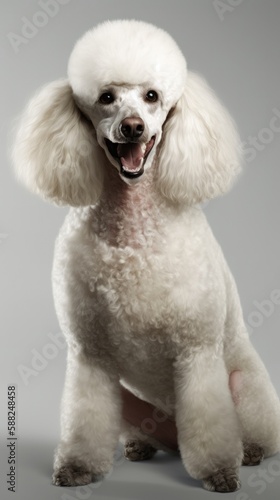 Photo of a white poodle sitting on a grey background created with Generative AI technology
