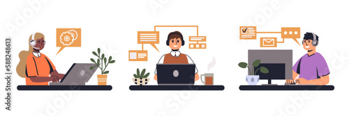 Set of cartoon characters working as hotline operator advisers. Customer support department staff. Online technical support. Professional telemarketing agents. Vector