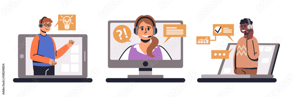Set cartoon characters in headsets working as call center operators. Online technical support representatives. Hotline operator helping clients. Vector Set cartoon characters in headsets working as call center operators. Online technical support representatives. Hotline operator helping clients. Vector