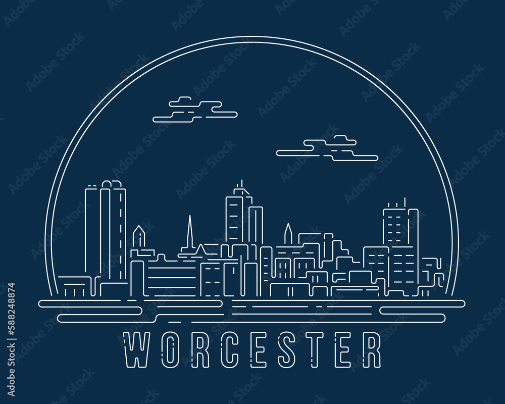 Worcester, Massachusetts - Cityscape with white abstract line corner curve modern style on dark blue background, building skyline city vector illustration design