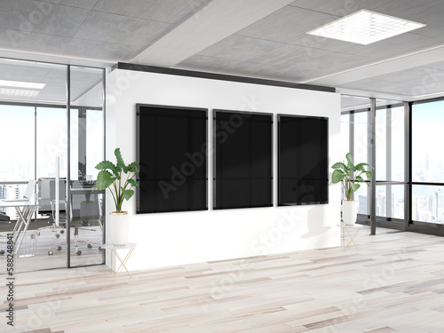 Three vertical frames Mockup hanging on wall. Mock up of billboards in modern wooden office interior 3D rendering