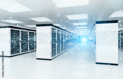 Connection network in servers data center room storage systems 3D rendering