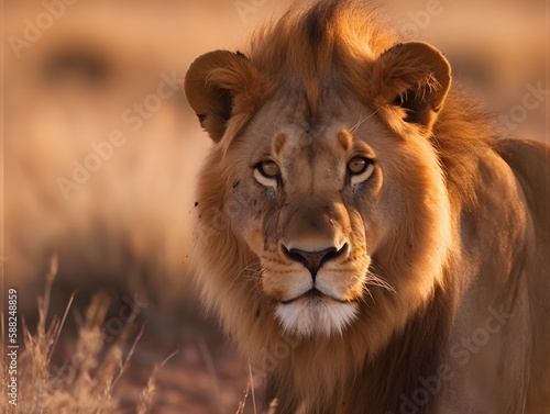 Close-up of lion in the savannah. Wildlife wallpaper. AI Generated