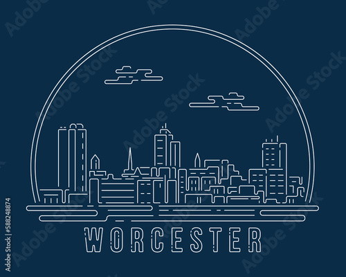 Worcester, Massachusetts - Cityscape with white abstract line corner curve modern style on dark blue background, building skyline city vector illustration design photo