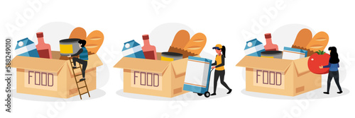 Set of cartoon characters packing food as donations. Humanitarian aid organization. Grocery for needy and poor people. Preparing boxes for charity. Vector