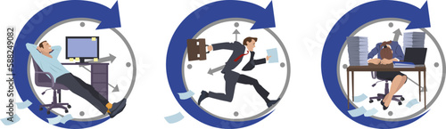 Set of different cartoon characters trying to manage their time. People feeling stressed and pressured by meeting with deadlines. Lack of time or good productivity performance. Vector
