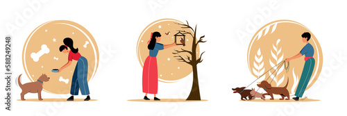 Set of colored cartoon characters volunteering helping pets. Young people feeding and walking dogs. Charity and donations. Social active volunteers. Vector
